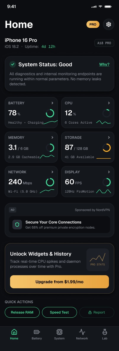 Home dashboard with battery, CPU, memory, storage, network and display tiles