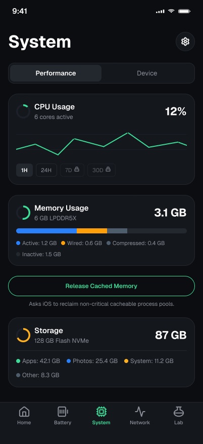 System performance screen with CPU and memory charts